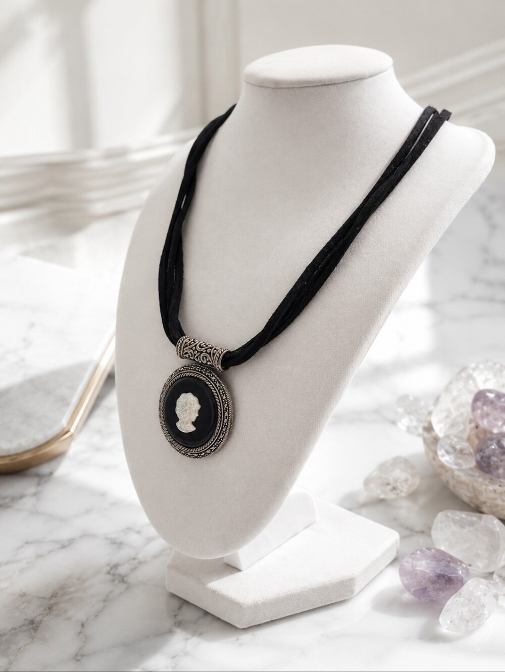 925 Thailand Black Cameo Triple Velvet Cord Necklace